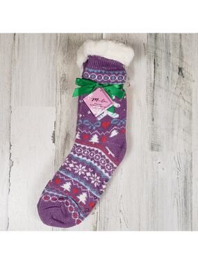 NWT Mari Clare Sherpa Lined Knit Winter Holiday Design No-Slip Slipper Socks